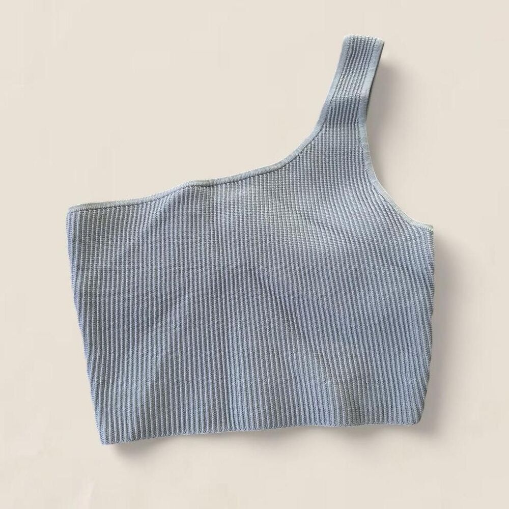 Babaton one shoulder rib knit crop tank blue Small minimalist quiet luxury